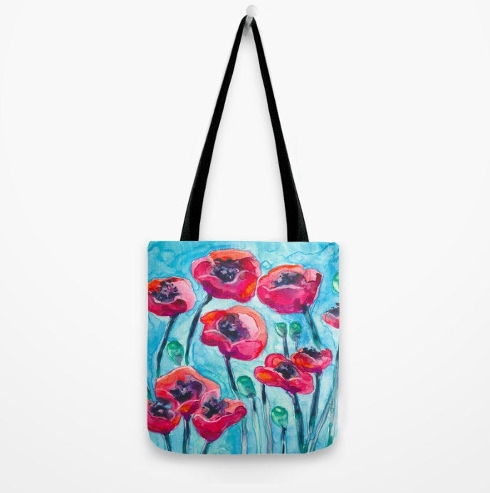 Art Tote Bag - Red Poppies Watercolor Painting - Shopping Bag Brazen Design Studio Sky Blue