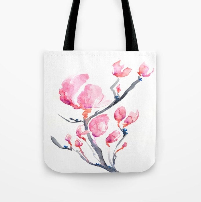 Art Tote Bag - Japanese Magnolia Watercolor Painting - Shopping Bag Brazen Design Studio Light Pink