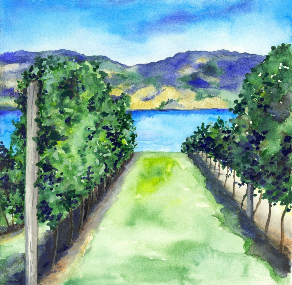Watercolor Landscape Painting - Between the Vines - Winery Vineyard Scenic Art Print Brazen Design Studio Yellow Green