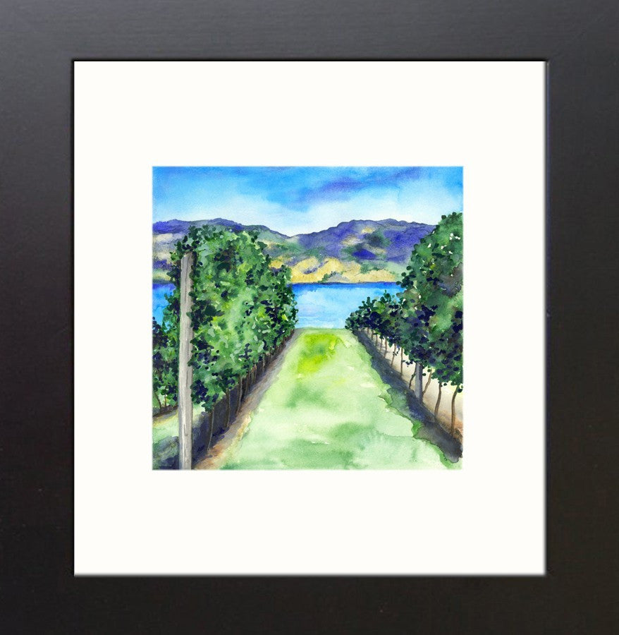 Watercolor Landscape Painting - Between the Vines - Winery Vineyard Scenic Art Print Brazen Design Studio Light Gray