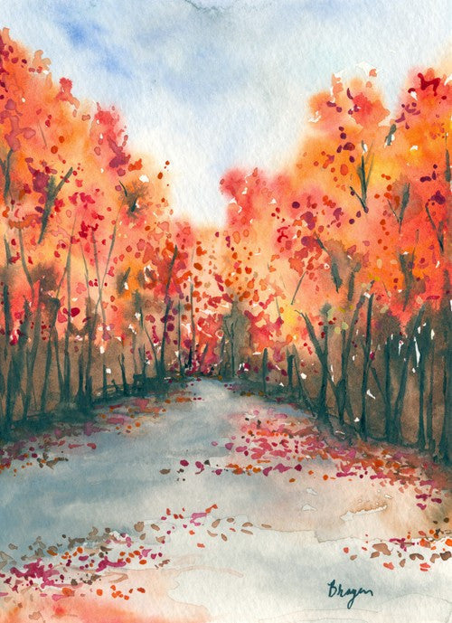 Watercolor Landscape Painting - Autumn Journey Fall Nature Woodland Scenic Art Print Brazen Design Studio Lavender