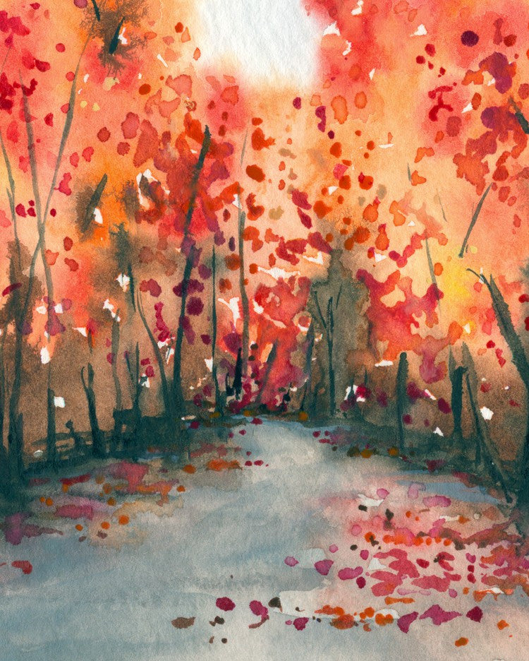 Watercolor Landscape Painting - Autumn Journey Fall Nature Woodland Scenic Art Print Brazen Design Studio Dark Gray