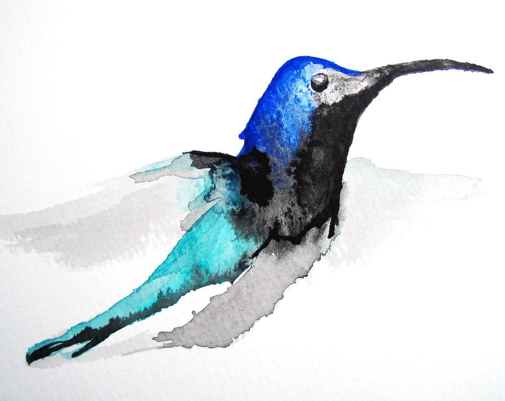 Watercolor Painting - Hummingbird Honeysuckle Bird Art Floral Sumi-e Art Print Brazen Design Studio Medium Turquoise