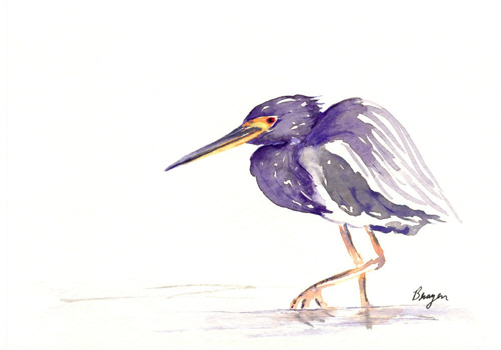 Watercolor Painting - Heron Tri Coloured Bird Sumi-e Art Print Brazen Design Studio Slate Gray