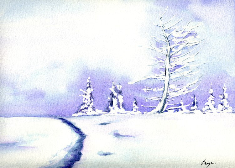 Watercolor Painting - Crystal Mountain Winter Landscape Art Print Brazen Design Studio Light Steel Blue