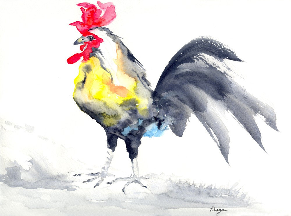 Cockrel Rooster Bird - Sumi-e Painting Art Print Brazen Design Studio Light Goldenrod