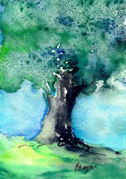 Woodland Oak Tree Nature Watercolor Painting Art Print Brazen Design Studio Sky Blue