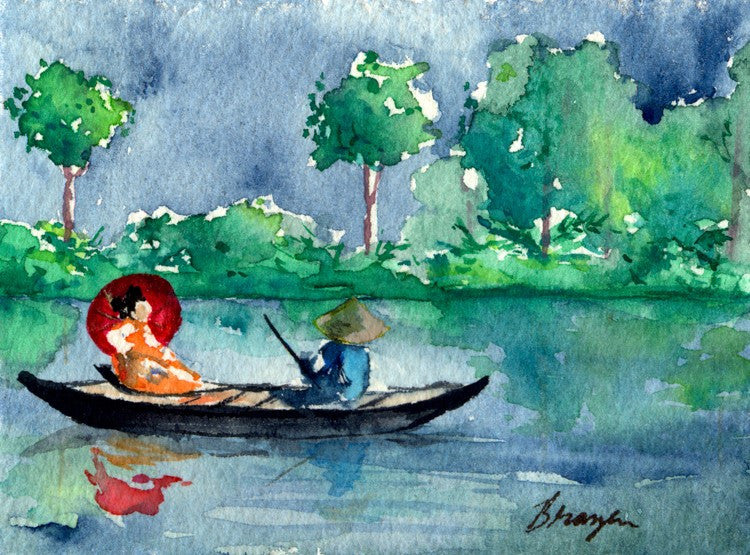 Watercolor Painting - Geisha Japanese Long Boat Seascape Art Print Brazen Design Studio Sea Green