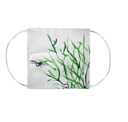 Dragonfly Tall Grass Watercolour Painting - Washable Reusable Fabric Face Mask Brazen Design Studio Gray
