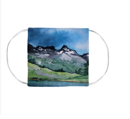 Serenity Mountains Landscape Watercolour Painting - Washable Reusable Fabric Face Mask Brazen Design Studio Steel Blue