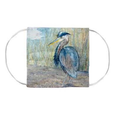 Great Blue Heron Bird Wildlife Watercolour Painting - Washable Reusable Fabric Face Mask Brazen Design Studio Dark Gray