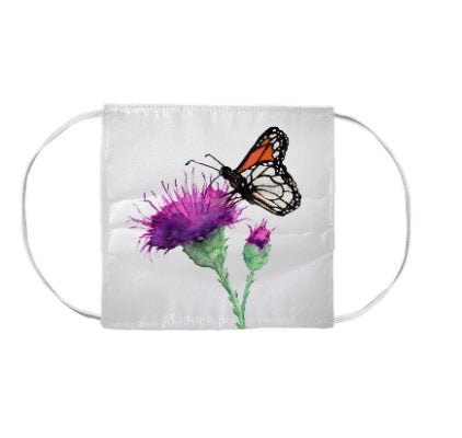 Monarch Butterfly and Coneflower Floral Watercolour Painting - Washable Reusable Fabric Face Mask Brazen Design Studio Medium Orchid