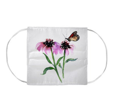 Monarch Butterfly and Echinacea Floral Watercolour Painting - Washable Reusable Fabric Face Mask Brazen Design Studio Light Gray
