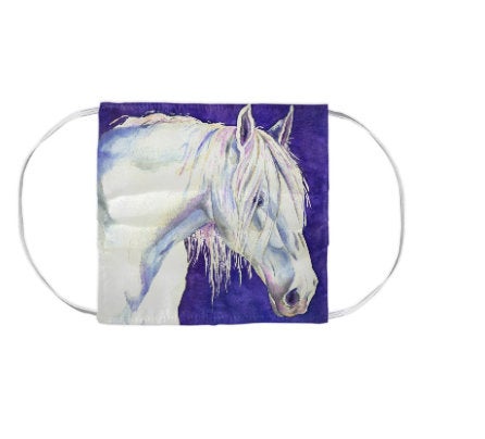 White Horse Equine Watercolour Painting - Washable Reusable Fabric Face Mask Brazen Design Studio Dark Slate Blue