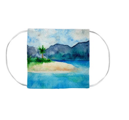 Sandy Cove Seascape Watercolour Painting - Washable Reusable Fabric Face Mask Brazen Design Studio Cadet Blue