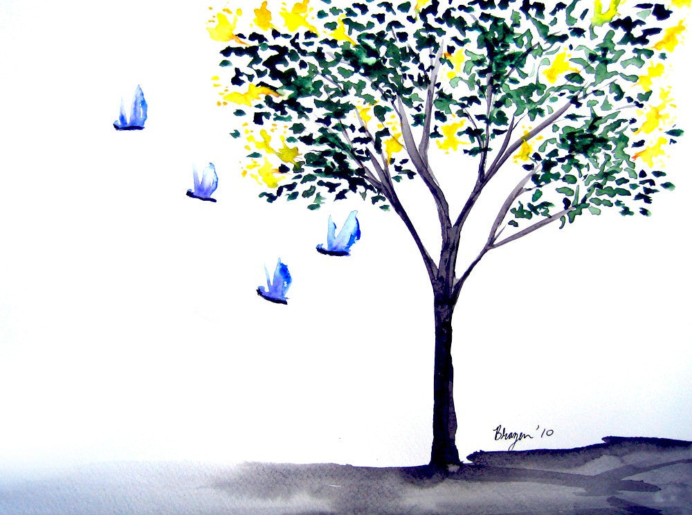 Watercolor Ink Painting - Butterflies Yellow Lilac Tree - Floral Sumi-e Art Print Brazen Design Studio Snow
