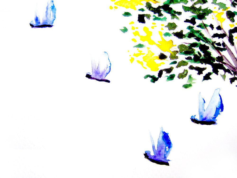 Watercolor Ink Painting - Butterflies Yellow Lilac Tree - Floral Sumi-e Art Print Brazen Design Studio Yellow