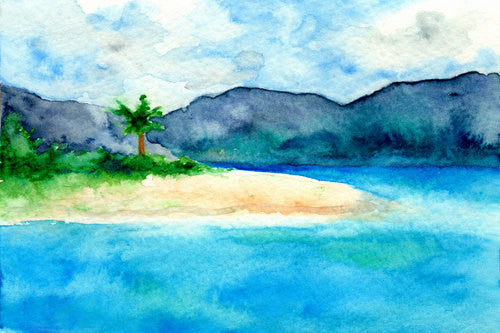 Art Print - Sandy Cove Caribbean Seascape - Watercolor Painting Brazen Design Studio Bisque