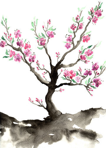 Watercolor Painting - Sakura Tree Cherry Blossom Art Nature Sumi-e Art Print Brazen Design Studio Thistle