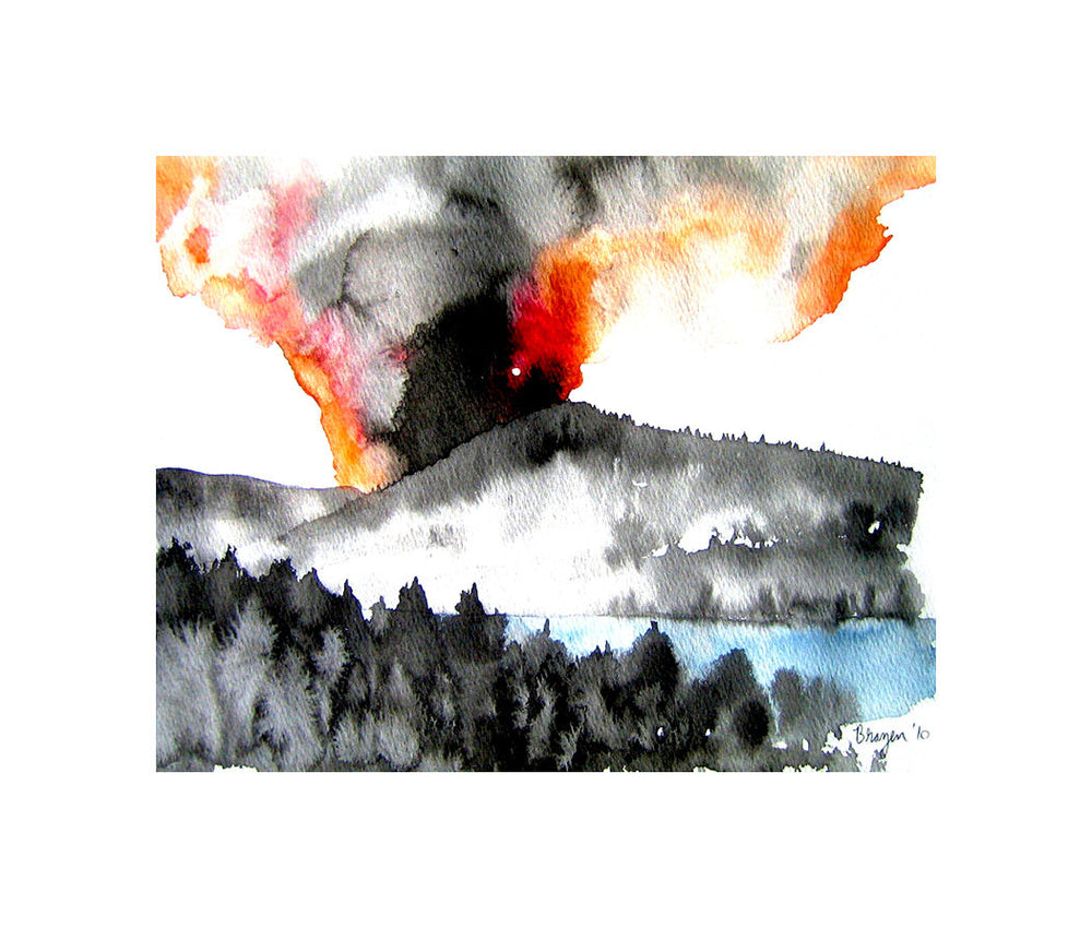 Ink Painting - Forest Fire - Mountain Landscape Sumi e - Japanese Brush Painting - Art Print Brazen Design Studio Firebrick