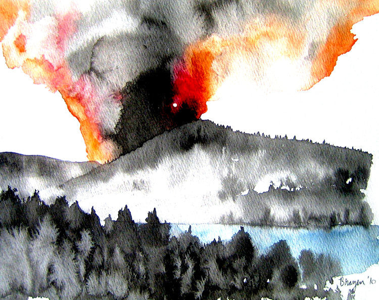 Ink Painting - Forest Fire - Mountain Landscape Sumi e - Japanese Brush Painting - Art Print Brazen Design Studio Firebrick