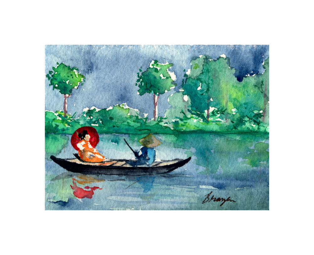 Watercolor Painting - Geisha Japanese Long Boat Seascape Art Print Brazen Design Studio Sea Green