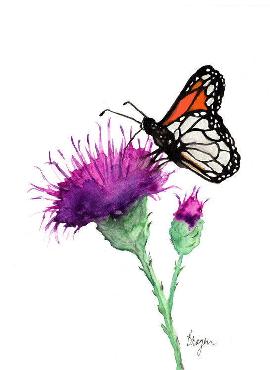 Watercolor Painting - Monarch and Milk Thistle - Floral Nature Art Print Brazen Design Studio Dark Magenta