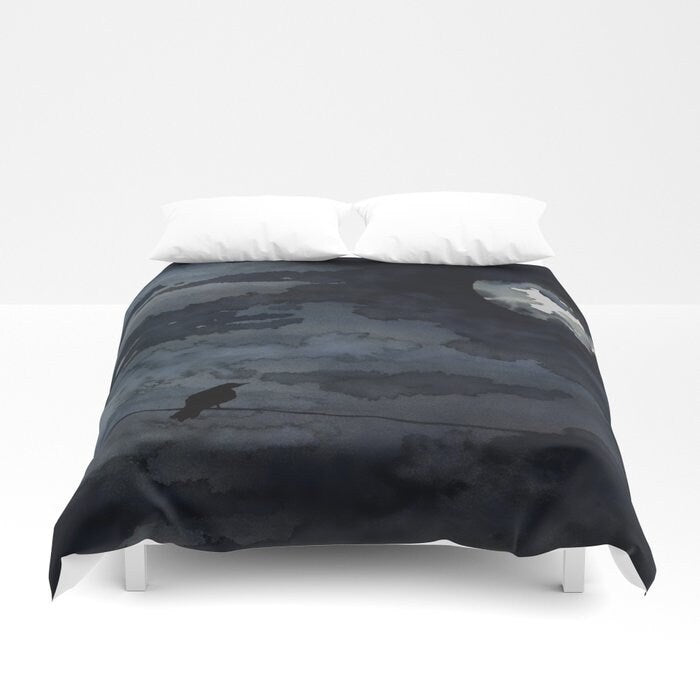 Moonlit Raven Duvet Cover - Watercolour Painting Bedding - Twin Queen or King Size Duvet or Comforter Brazen Design Studio White Smoke