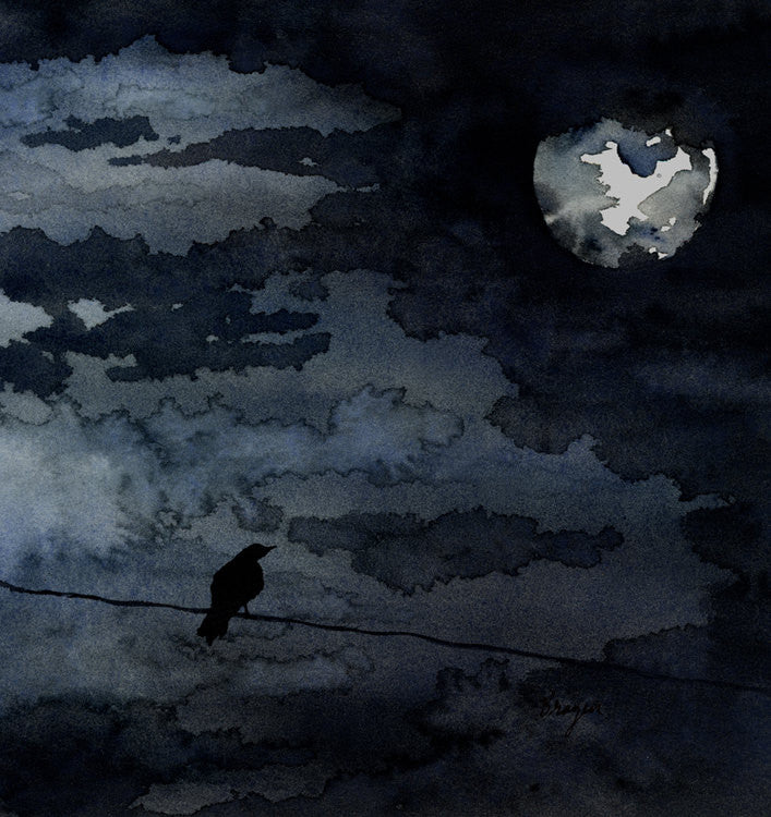 Watercolor Painting - Moonlit Raven - Full Moon Night Sky Bird Art Print Brazen Design Studio Dark Slate Gray