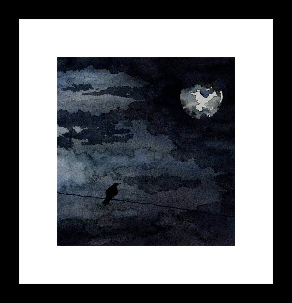 Watercolor Painting - Moonlit Raven - Full Moon Night Sky Bird Art Print Brazen Design Studio Black