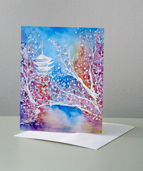 Japanese Temple Cherry Blossom Landscape Painting Art Card Brazen Design Studio Cornflower Blue