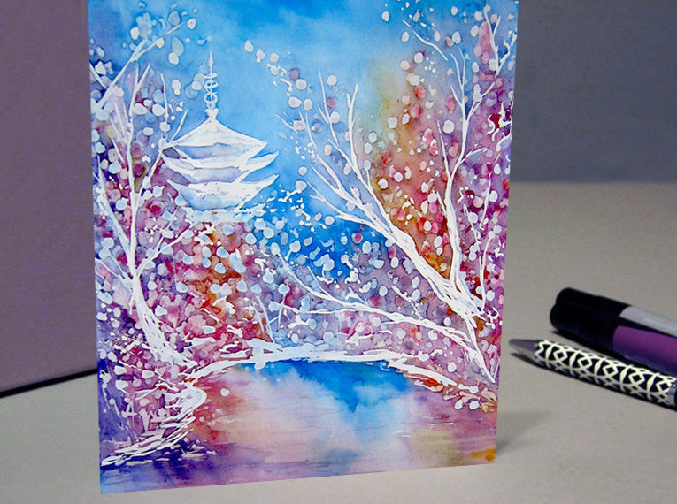 Japanese Temple Cherry Blossom Landscape Painting Art Card Brazen Design Studio Light Steel Blue