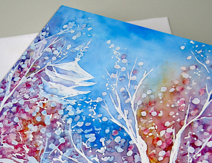 Japanese Temple Cherry Blossom Landscape Painting Art Card Brazen Design Studio Cornflower Blue