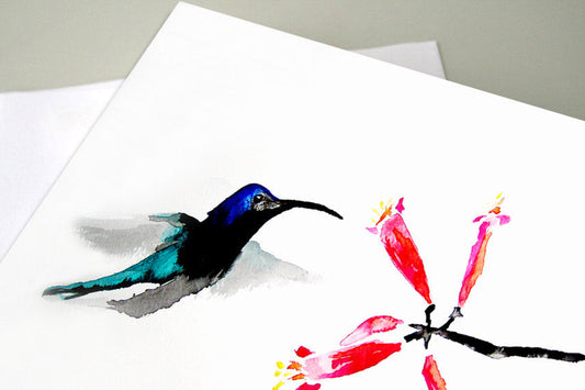 Hummingbird with Honeysuckle Sumi-e Art Card Brazen Design Studio White Smoke