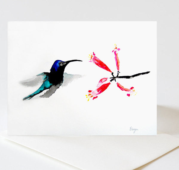 Hummingbird with Honeysuckle Sumi-e Art Card Brazen Design Studio Firebrick