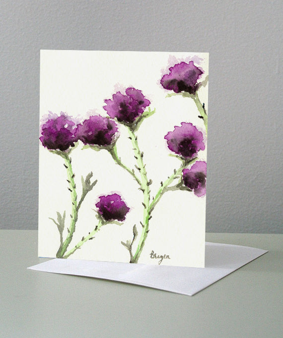 Mauve Milk Thistle Floral Sumi-e Art Card Brazen Design Studio White Smoke