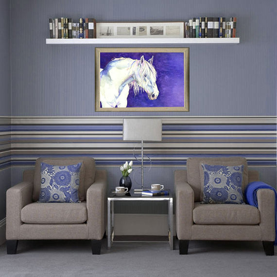 Equine Watercolor Painting - White Horse Nature - Fine Art Print Brazen Design Studio Dark Slate Blue
