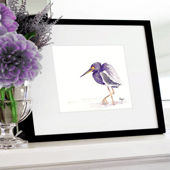 Watercolor Painting - Heron Tri Coloured Bird Sumi-e Art Print Brazen Design Studio White Smoke