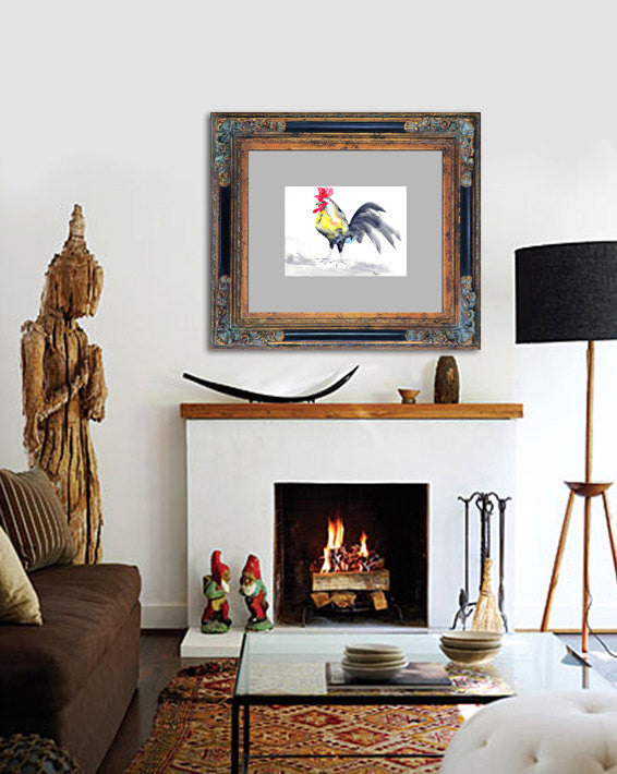 Cockrel Rooster Bird - Sumi-e Painting Art Print Brazen Design Studio Gray