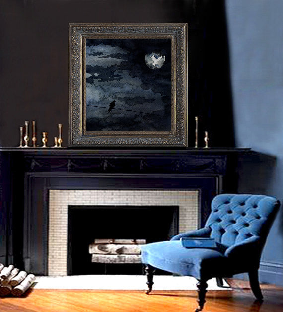 Watercolor Painting - Moonlit Raven - Full Moon Night Sky Bird Art Print Brazen Design Studio Black