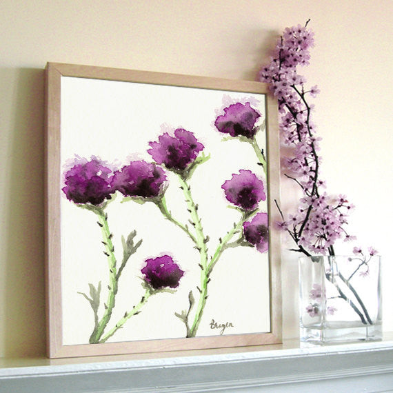 Watercolor Painting - Milk Thistle - Floral Sumi-e Art Print Brazen Design Studio White Smoke