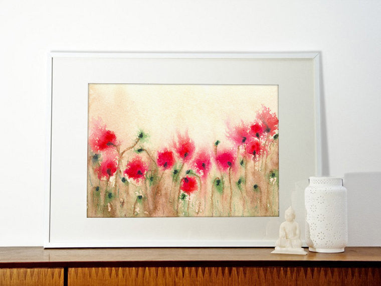 Field of Poppies - Art Print Wildflowers - Floral Watercolor Painting Brazen Design Studio Maroon
