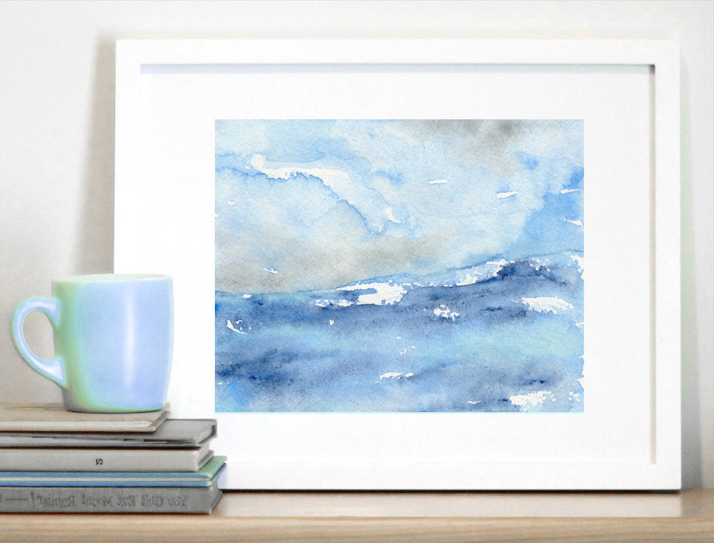 Watercolor Painting - Tempest Ocean Wave - Blue Seascape Art Print Brazen Design Studio Light Steel Blue