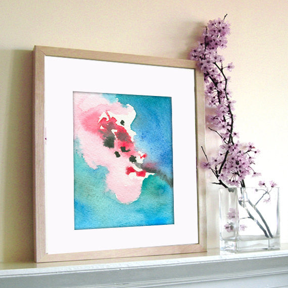 Watercolor Painting - Cherry Blossom Abstract Art Print - Pink Blue Home Decor Brazen Design Studio Medium Turquoise