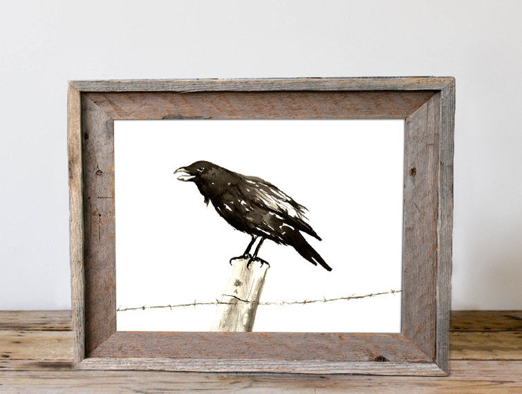 Japanese Ink Painting - Raven on a Barbed Wire Fence - Black Bird Sumi-e Art Print Brazen Design Studio Snow