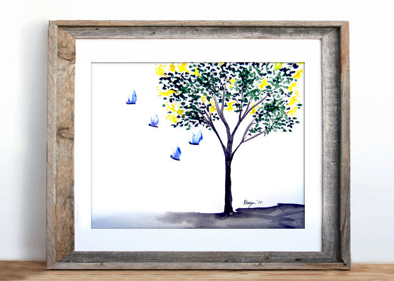 Watercolor Ink Painting - Butterflies Yellow Lilac Tree - Floral Sumi-e Art Print Brazen Design Studio Ghost White