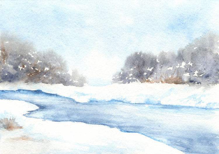 Watercolor Painting - Winter Creek Landscape - Art Print Brazen Design Studio Alice Blue