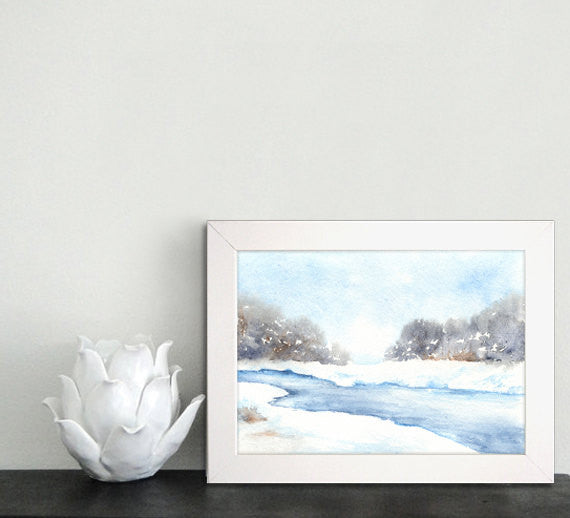 Watercolor Painting - Winter Creek Landscape - Art Print Brazen Design Studio Dark Gray