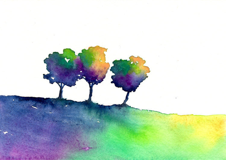 Watercolor Painting - Rainbow Tree Trio - Modern Contemporary Art Print Brazen Design Studio Dark Slate Blue