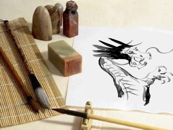 Ink Painting - Dragon Sumi-e - Featured in Etsy Finds - Art Print Brazen Design Studio White Smoke